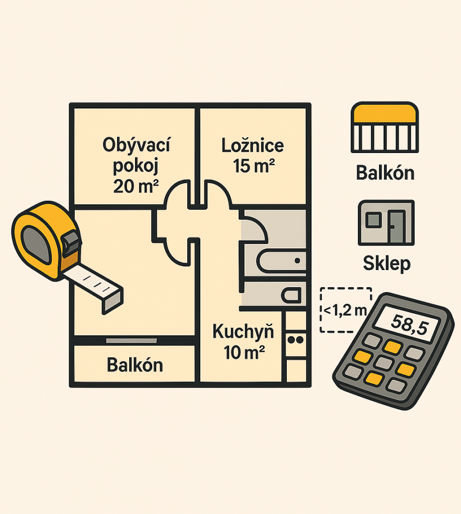 „Ilustrace znázorňuje půdorys bytu s rozložením místností: obývací pokoj (20 m²), ložnice (15 m²), kuchyň (10 m²) a balkon. Vedle půdorysu jsou ikony balkonu, sklepa a kalkulačky s hodnotou 58,5. Nechybí ani metr a značení plochy menší než 1,2 m². Ilustrace slouží k vysvětlení výpočtu plochy bytu při ocenění nemovitosti.“